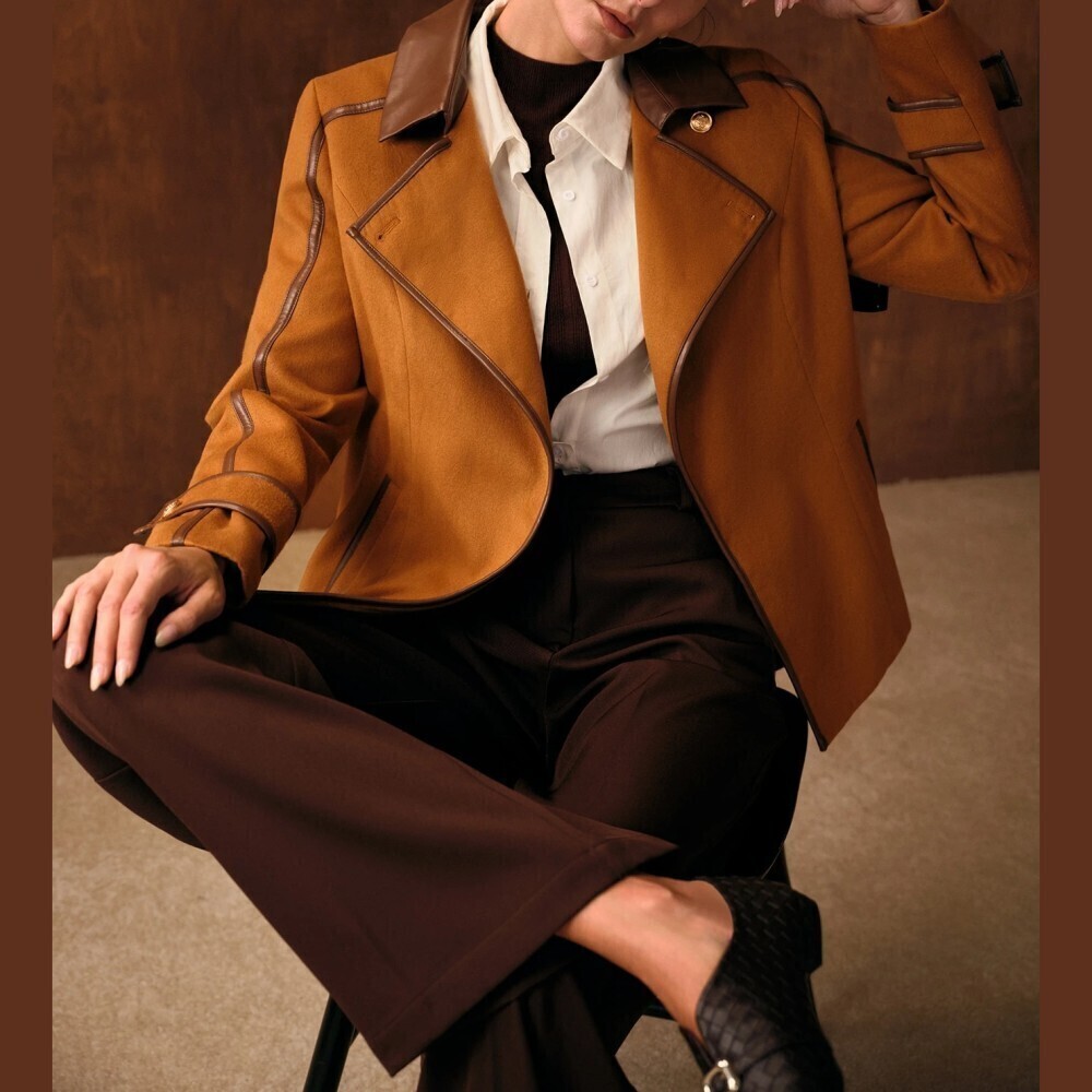 Camel Brown Faux Leather Trim Cropped Collared Pea Coat Jacket